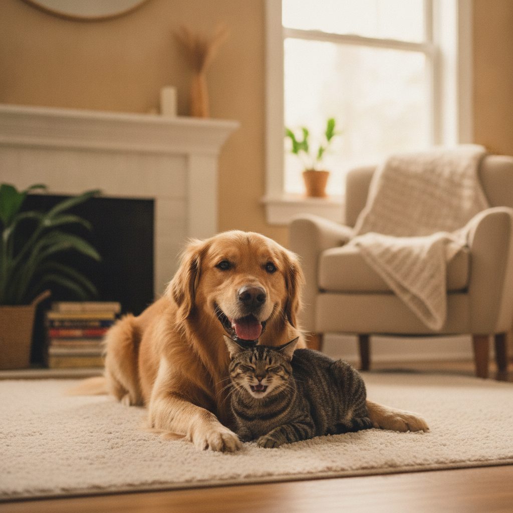 A happy golden retriever and a tabby cat sitting together in a warm home